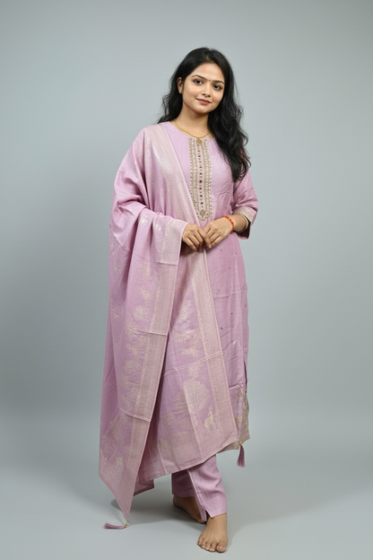 Banarasi Lavender Silk Ethnic Suit | Gold Zari Woven Kurta Set for Women | Festive & Wedding Wear