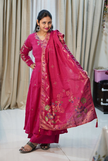 Premium Pink Embroidered 3-Piece Kurta Set with Gold Floral Work | Women's Ethnic Suit | Wedding & Festive Wear