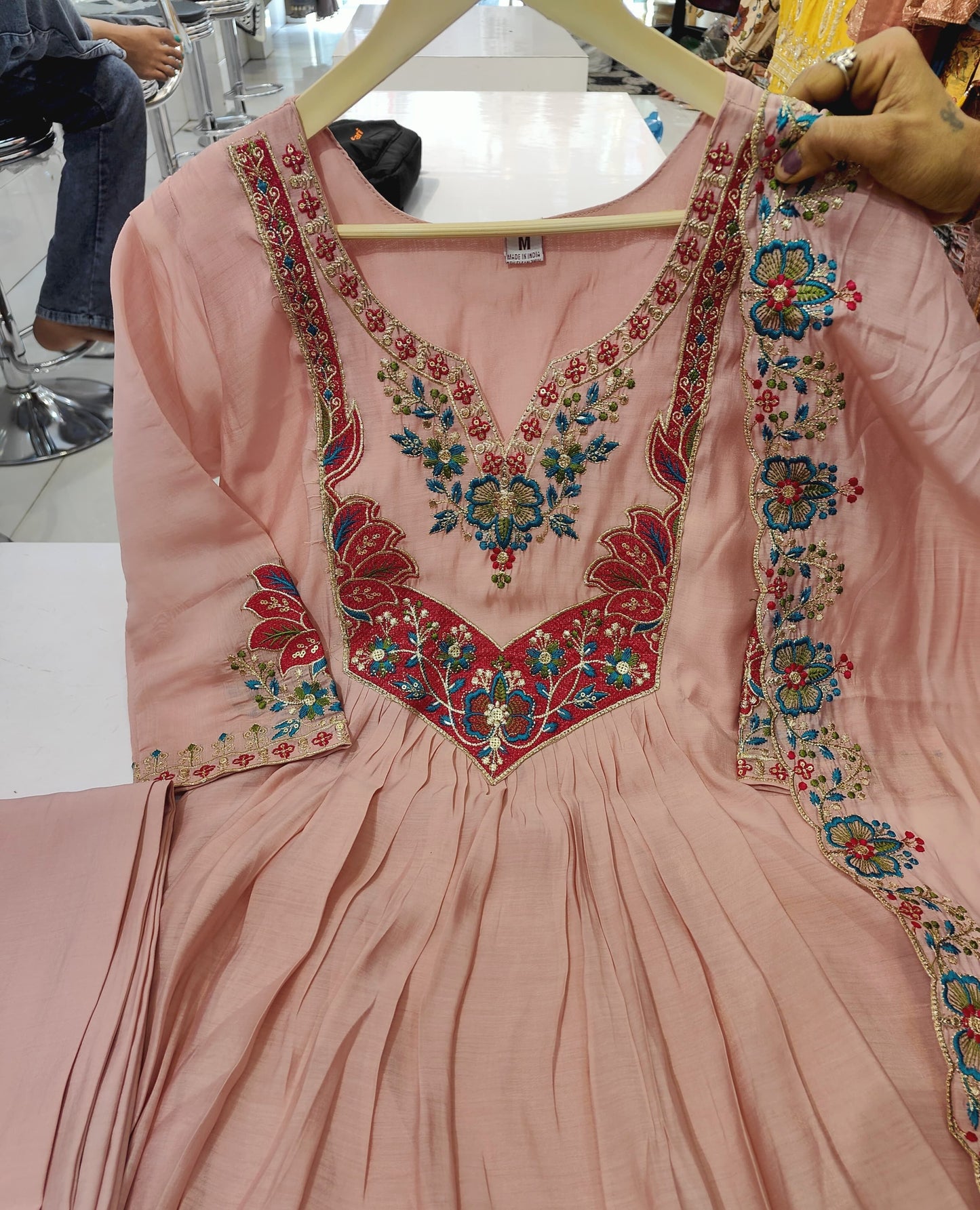 Light Pink Mal Chanderi A-Line Kurta Set | 3-Piece Ethnic Suit with Heavy Yoke Embroidery | Silk Pants & Embroidered Dupatta | Festive & Wedding Wear