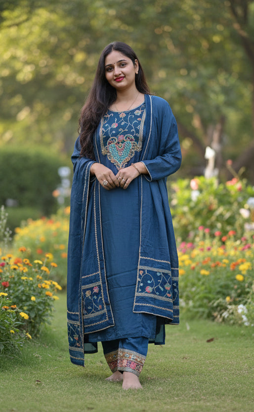 Blue Peacock Print Kurta Set | Multicolor Ethnic Suit for Women with Gold Border | Festive & Casual Wear