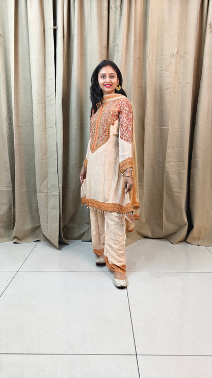 Peach Short Kurta with Brown Palazzo | 3-Piece Ethnic Co-ord Set for Women | Casual & Semi-Formal Wear