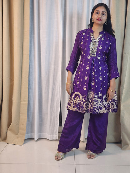 Royal Purple Shimmer Kurta Set with Golden Embroidery | 3-Piece Ethnic Suit for Women | Wedding & Party Wear