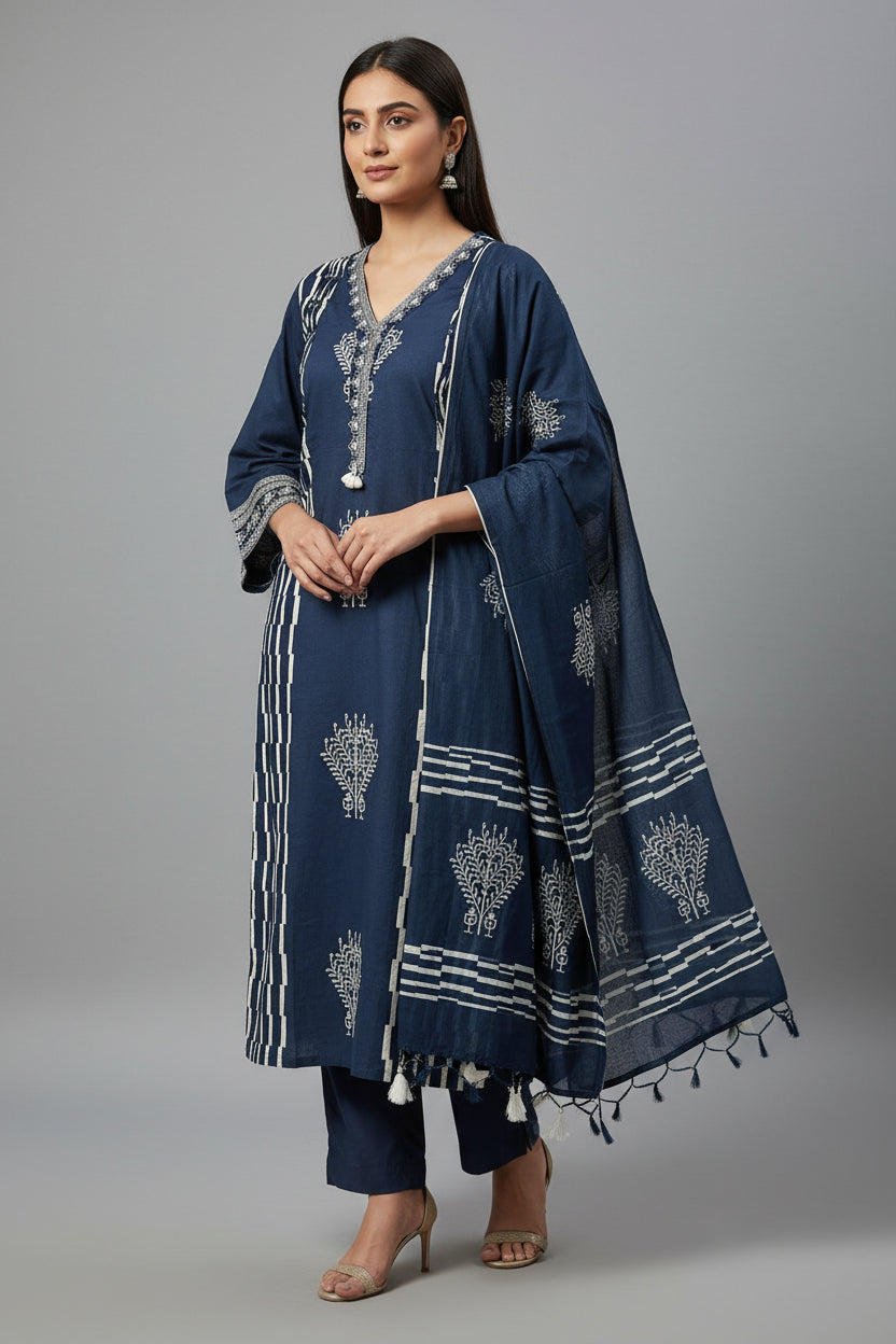 Dark Blue Cotton 3-Piece Kurta Set with Geometric Block Print | Women's Ethnic Suit | Casual & Festive Wear