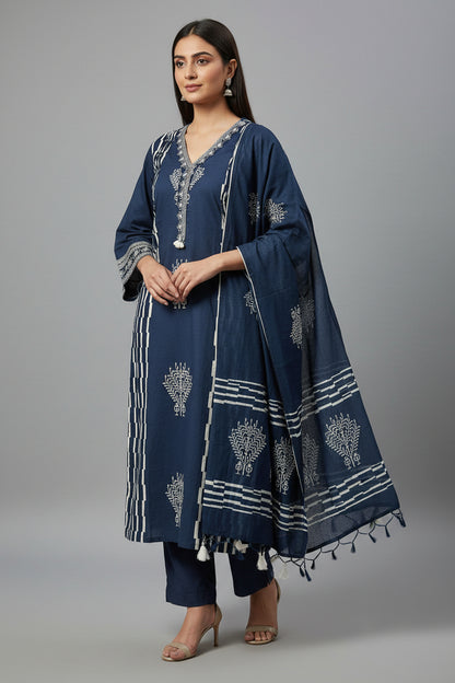 Dark Blue Cotton 3-Piece Kurta Set with Geometric Block Print | Women's Ethnic Suit | Casual & Festive Wear