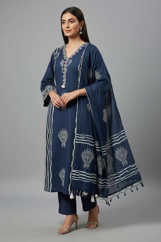 Dark Blue Cotton 3-Piece Kurta Set with Geometric Block Print | Women's Ethnic Suit | Casual & Festive Wear
