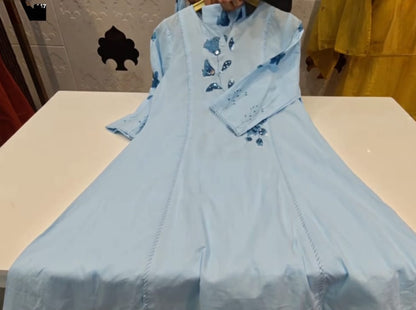Sky Blue Hand Painted Cotton Suit | A-Line Kurta Set for Women | Artistic Hand Painted Ethnic Wear | Casual & Festive Collection