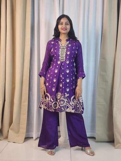 Royal Purple Shimmer Kurta Set with Golden Embroidery | 3-Piece Ethnic Suit for Women | Wedding & Party Wear