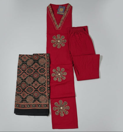 Ajrak Crimson Red 3-Piece Kurta Set | Embroidered Kurta with Straight Pants & Block Print Dupatta | Women's Ethnic Wear