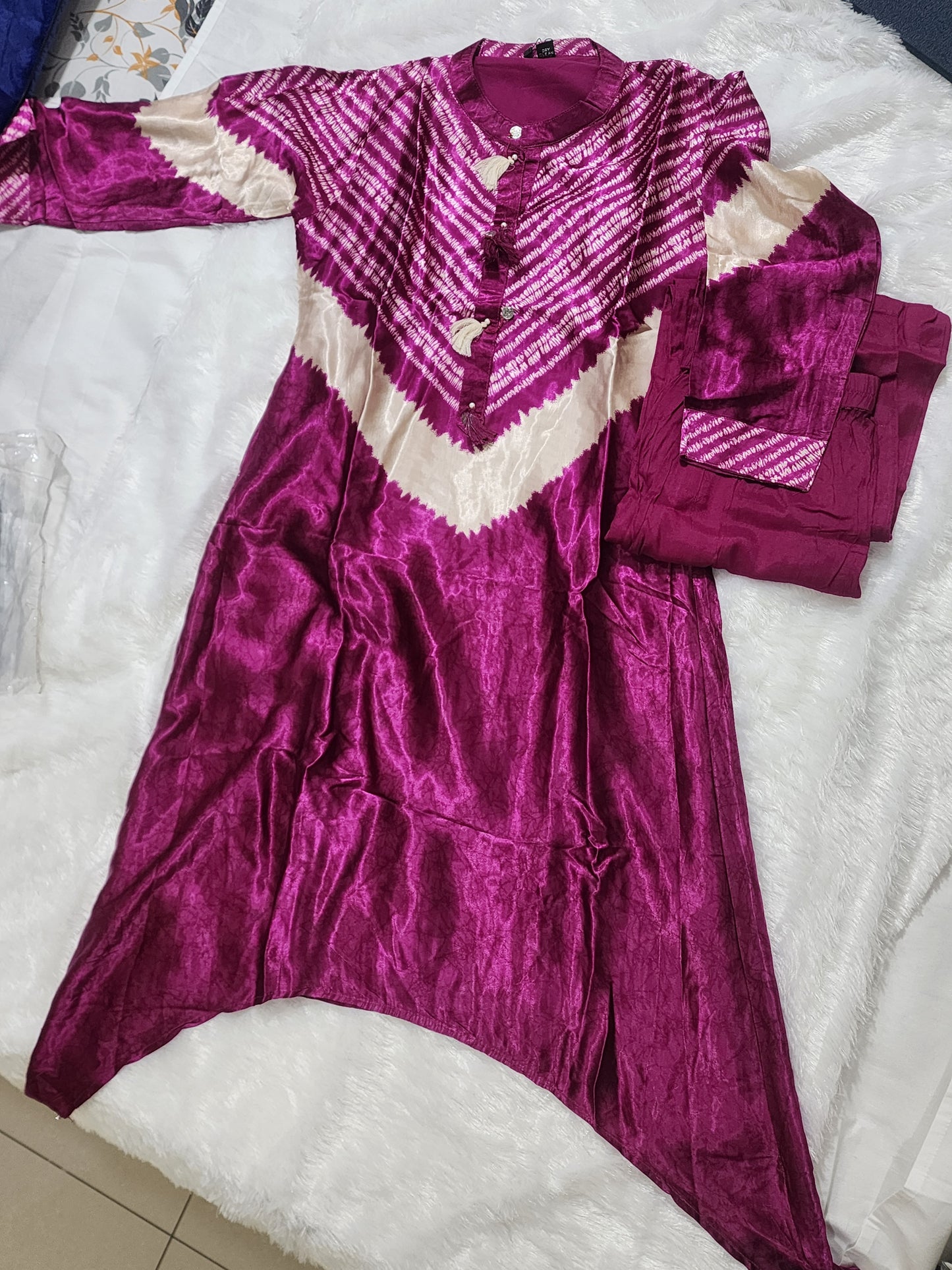 Pure Gajji Silk Leheriya Coord Set | Deep Magenta Kurta & Palazzo | 2-Piece Ethnic Set