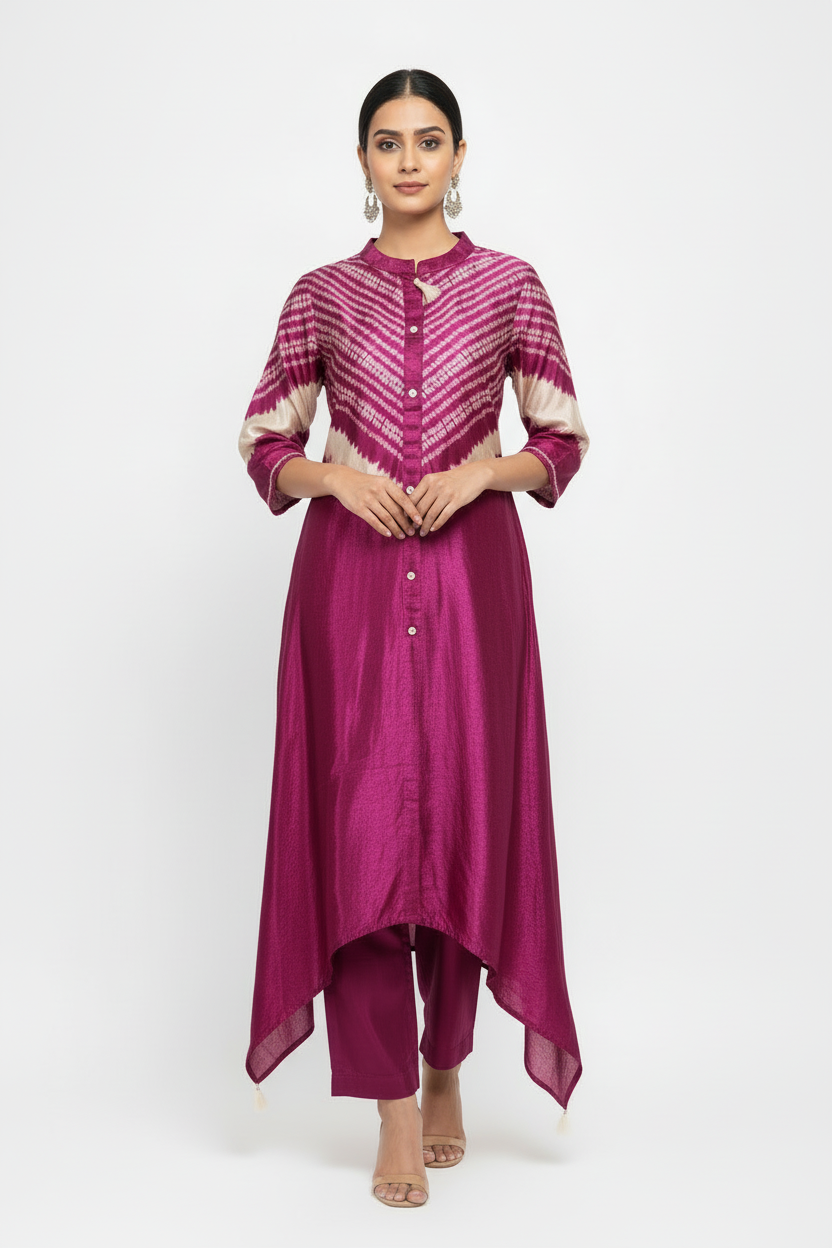 Pure Gajji Silk Leheriya Coord Set | Deep Magenta Kurta & Palazzo | 2-Piece Ethnic Set