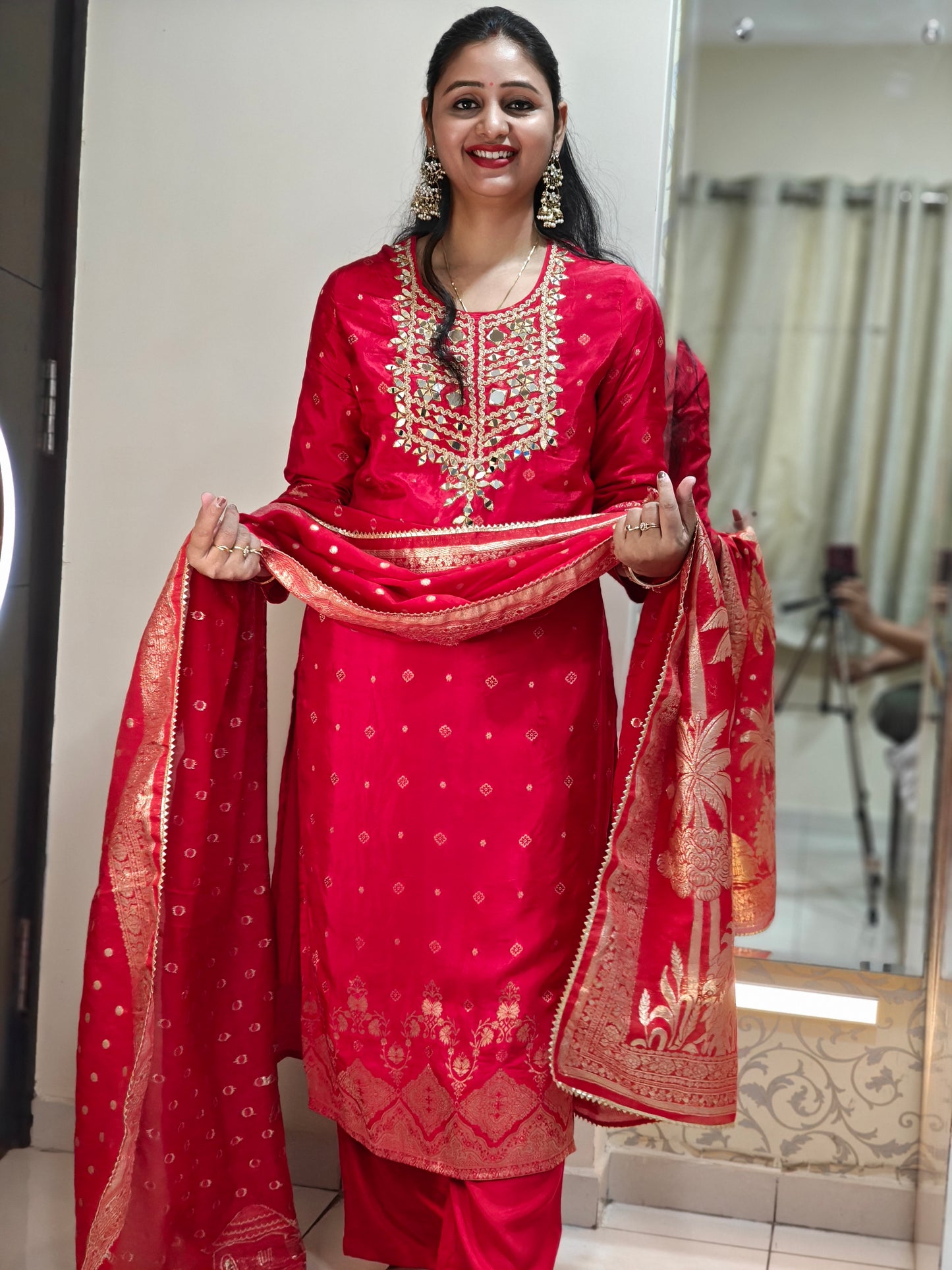 Red & Gold Embroidered Kurta Set | Women's Ethnic Suit with Golden Zari Work | Festive & Wedding Wear