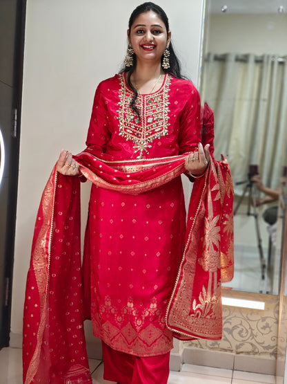 Red & Gold Embroidered Kurta Set | Women's Ethnic Suit with Golden Zari Work | Festive & Wedding Wear