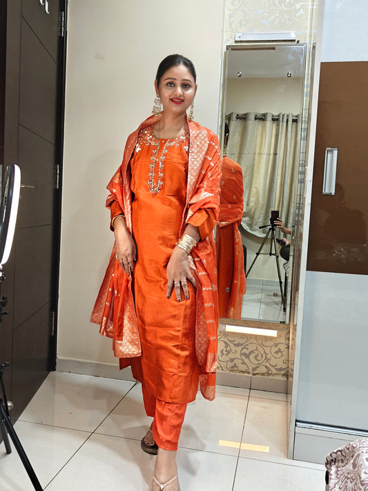 Orange & Gold Printed Kurta Set | Women's Ethnic Suit with Golden Motifs | Festive & Party Wear