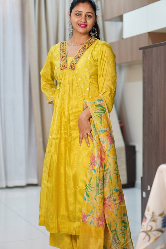 Yellow Silk Anarkali Designer Suit with Multicolor Embroidery & Printed Dupatta | Ethnic Wear for Women | Festive & Casual Collection
