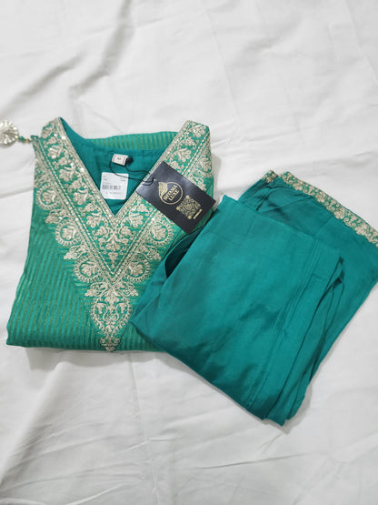 Teal Cyan 3-Piece Kurta Set with Golden Zari Embroidery | Ethnic Suit for Women | Festive & Party Wear