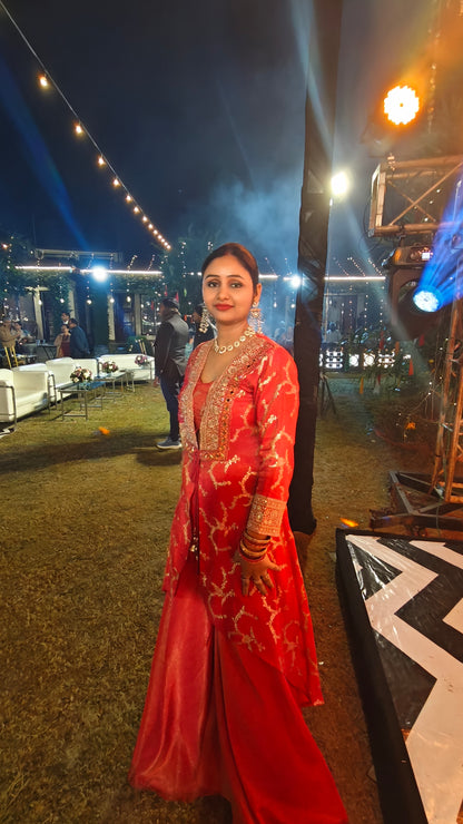 Hot-Pink & Gold Zari Embroidered Indo-Western Jacket Suit | Sharara suit for Women | Festive & Wedding Collection