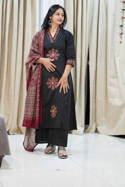 Black Ajrak Block Print 3-Piece Kurta Set with Red Motifs | Traditional Ethnic Suit for Women | Festive & Casual Wear