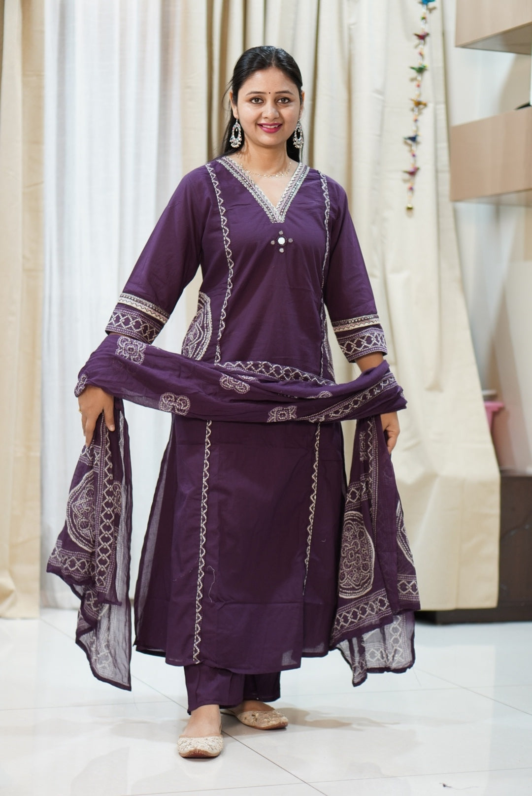 Deep Purple Pure Cotton A-Line Kurta Set with White Chikankari Embroidery | 3-Piece Ethnic Suit for Women | Casual & Festive Wear