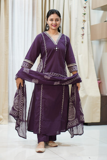 Deep Purple Pure Cotton A-Line Kurta Set with White Chikankari Embroidery | 3-Piece Ethnic Suit for Women | Casual & Festive Wear