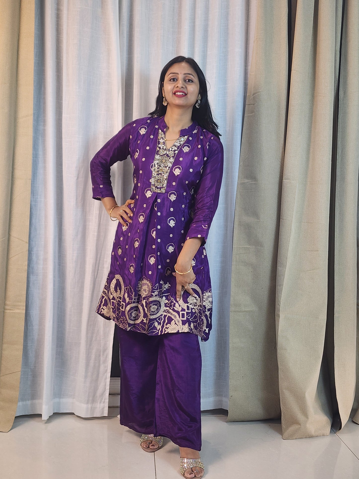 Royal Purple Shimmer Kurta Set with Golden Embroidery | 3-Piece Ethnic Suit for Women | Wedding & Party Wear