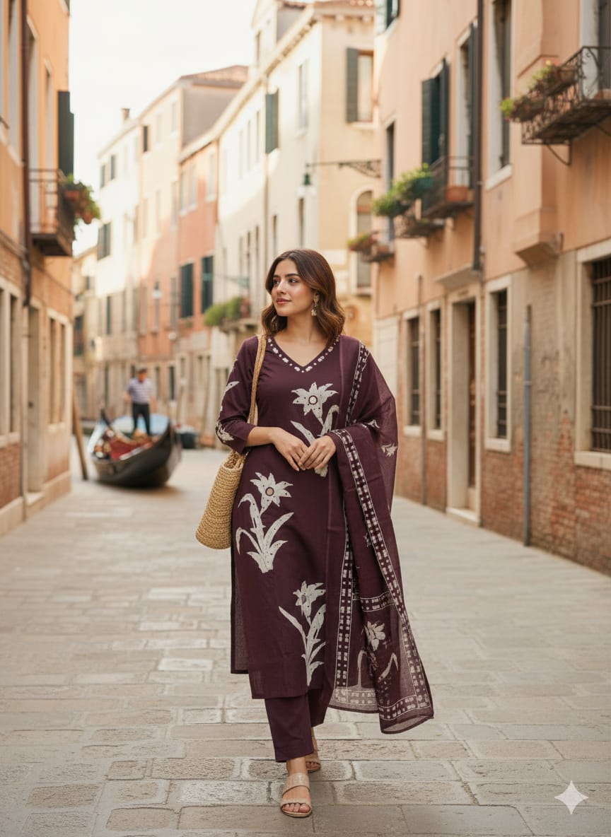 Dark Wine Cotton Kurta Set with Mirror Work | 3-Piece Women's Ethnic Suit | Floral Print & Mirror Embellishment | Festive & Casual Wear