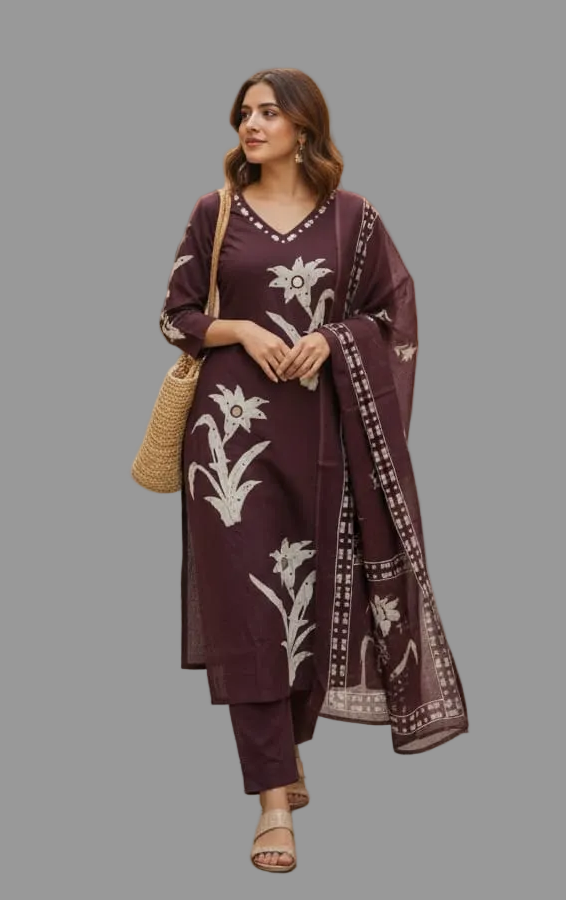 Dark Wine Cotton Kurta Set with Mirror Work | 3-Piece Women's Ethnic Suit | Floral Print & Mirror Embellishment | Festive & Casual Wear