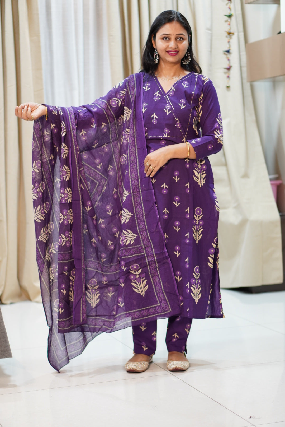 Deep Purple Floral Printed 3-Piece Kurta Set with Gold Motifs | Women's Ethnic Wear | Festive & Casual Collection