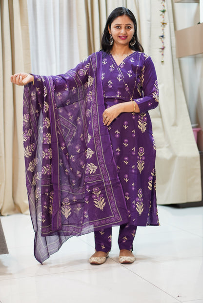 Deep Purple Floral Printed 3-Piece Kurta Set with Gold Motifs | Women's Ethnic Wear | Festive & Casual Collection