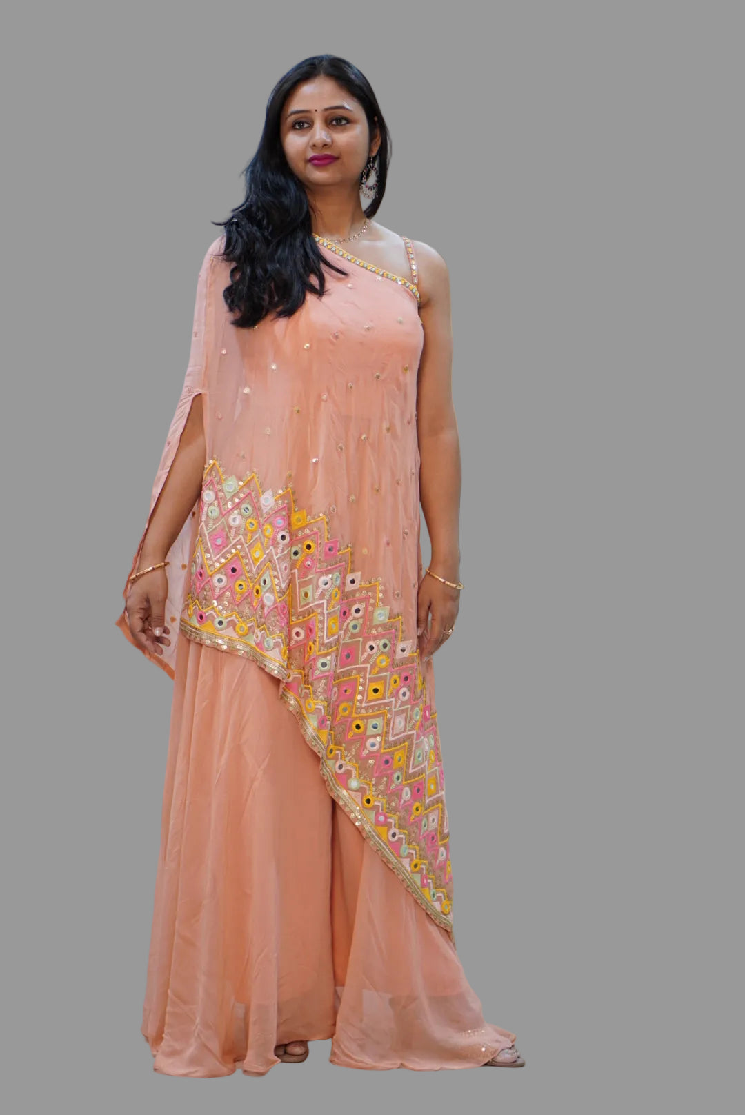 Peach Georgette Indo-Western Suit with Multicolor Floral Embroidery | Ethnic Fusion Wear for Women | Party & Festive Collection