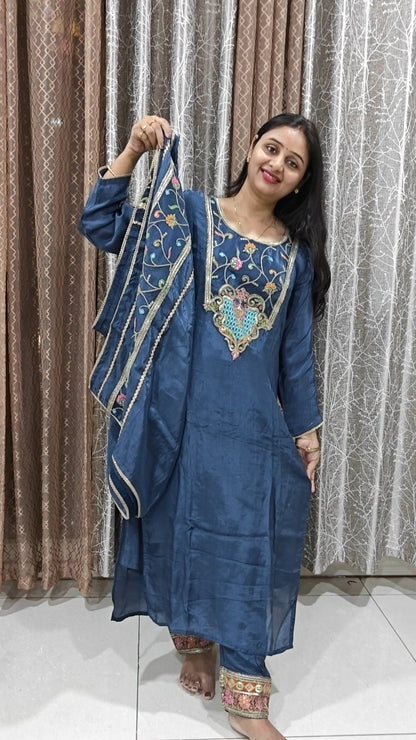 Blue Peacock Print Kurta Set | Multicolor Ethnic Suit for Women with Gold Border | Festive & Casual Wear