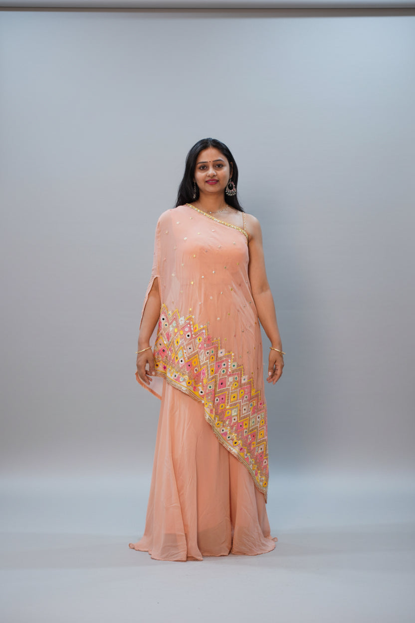 Peach Georgette Indo-Western Suit with Multicolor Floral Embroidery | Ethnic Fusion Wear for Women | Party & Festive Collection
