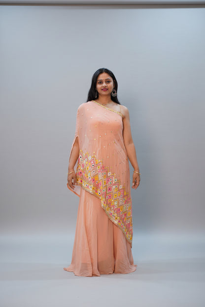 Peach Georgette Indo-Western Suit with Multicolor Floral Embroidery | Ethnic Fusion Wear for Women | Party & Festive Collection