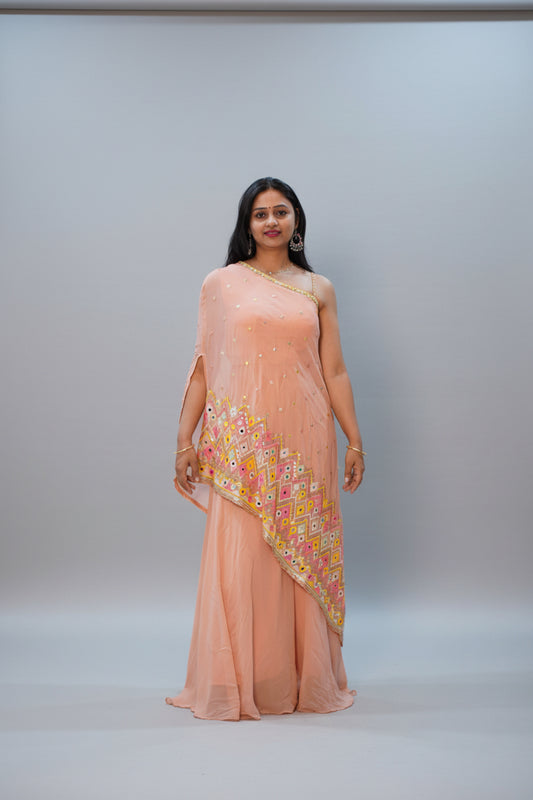 Peach Georgette Indo-Western Suit with Multicolor Floral Embroidery | Ethnic Fusion Wear for Women | Party & Festive Collection