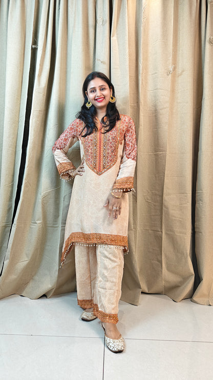 Peach Short Kurta with Brown Palazzo | 3-Piece Ethnic Co-ord Set for Women | Casual & Semi-Formal Wear