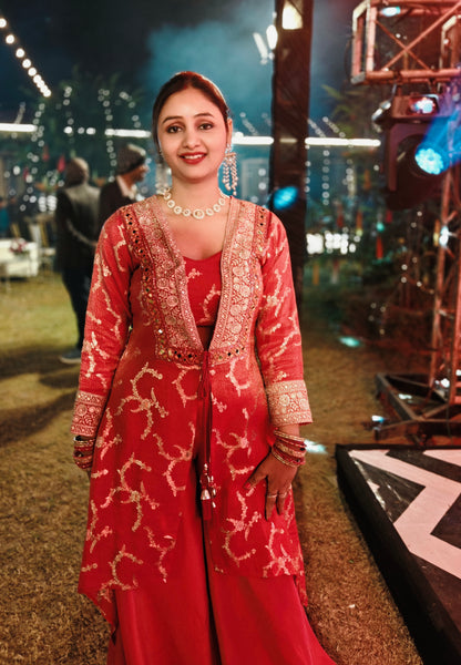 Hot-Pink & Gold Zari Embroidered Indo-Western Jacket Suit | Sharara suit for Women | Festive & Wedding Collection