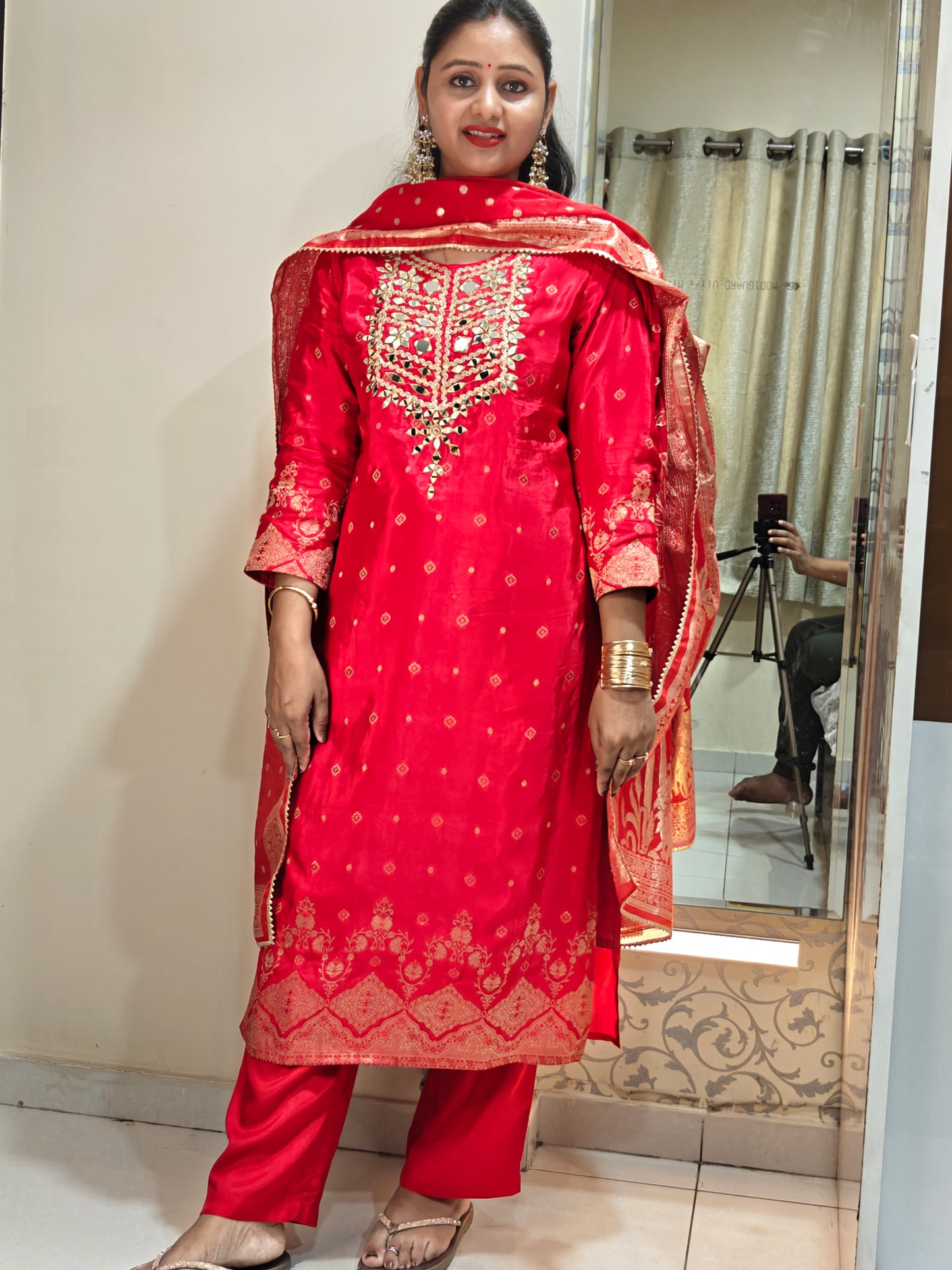 Red & Gold Embroidered Kurta Set | Women's Ethnic Suit with Golden Zari Work | Festive & Wedding Wear