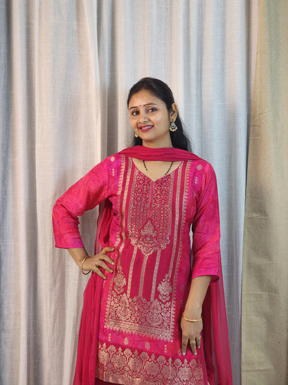 Pink Silk Sharara Set with Gold Zari Embroidery | 3-Piece Ethnic Suit for Women | Wedding & Festive Wear
