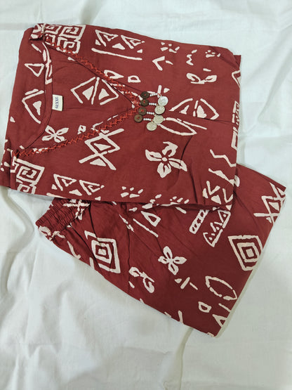 Brown Cotton Printed A-Line Kurta Set | 2-Piece Ethnic Suit with Kantha Handwork Neckline | Flared Kurta & Printed Palazzo | Casual & Festive Wear