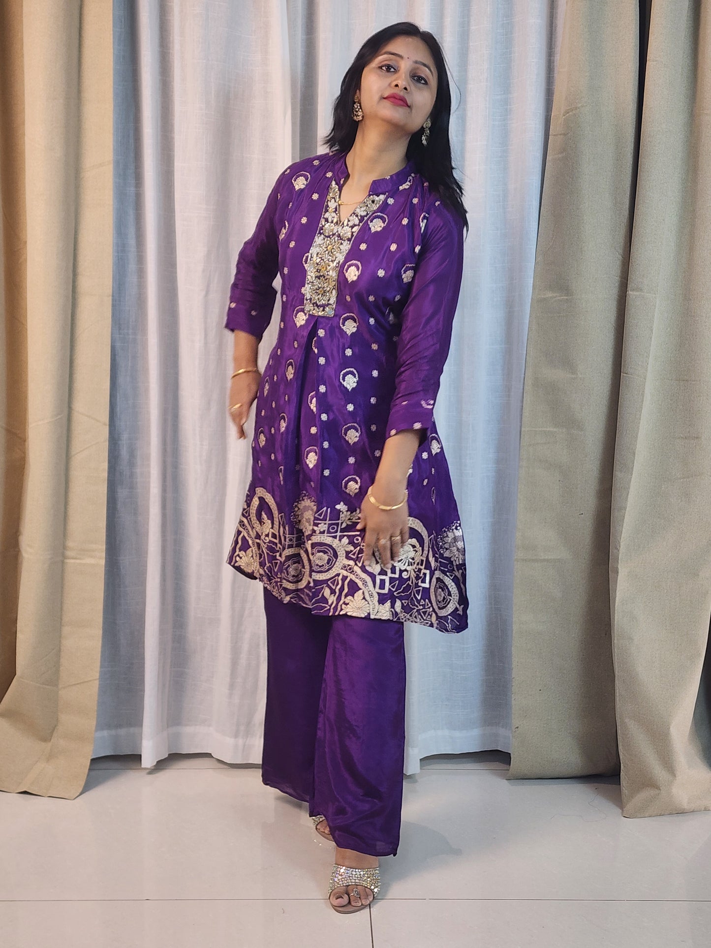 Royal Purple Shimmer Kurta Set with Golden Embroidery | 3-Piece Ethnic Suit for Women | Wedding & Party Wear