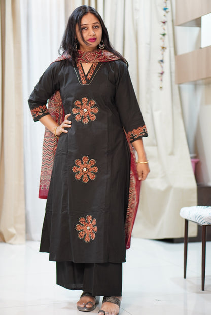 Black Ajrak Block Print 3-Piece Kurta Set with Red Motifs | Traditional Ethnic Suit for Women | Festive & Casual Wear