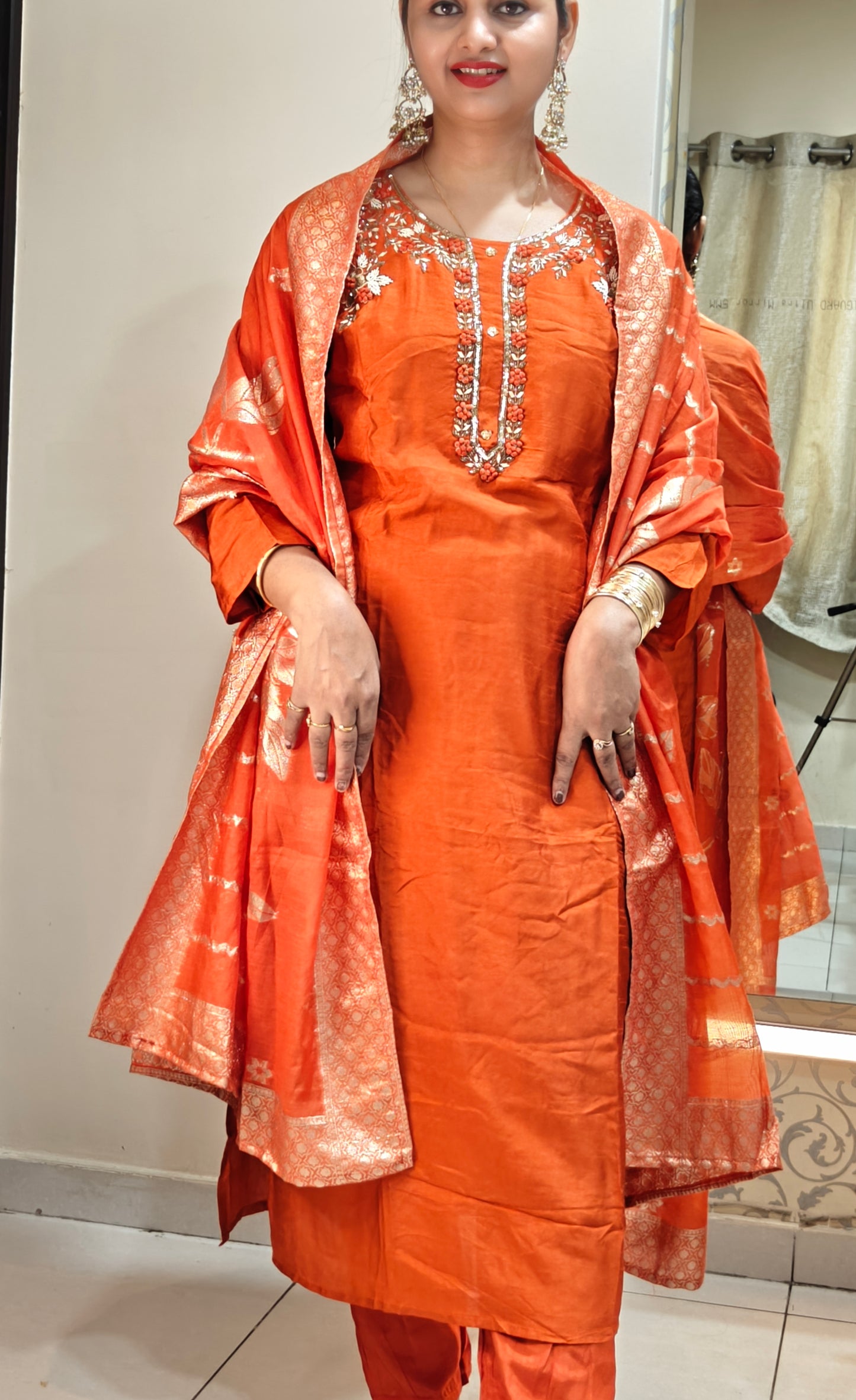 Orange & Gold Printed Kurta Set | Women's Ethnic Suit with Golden Motifs | Festive & Party Wear
