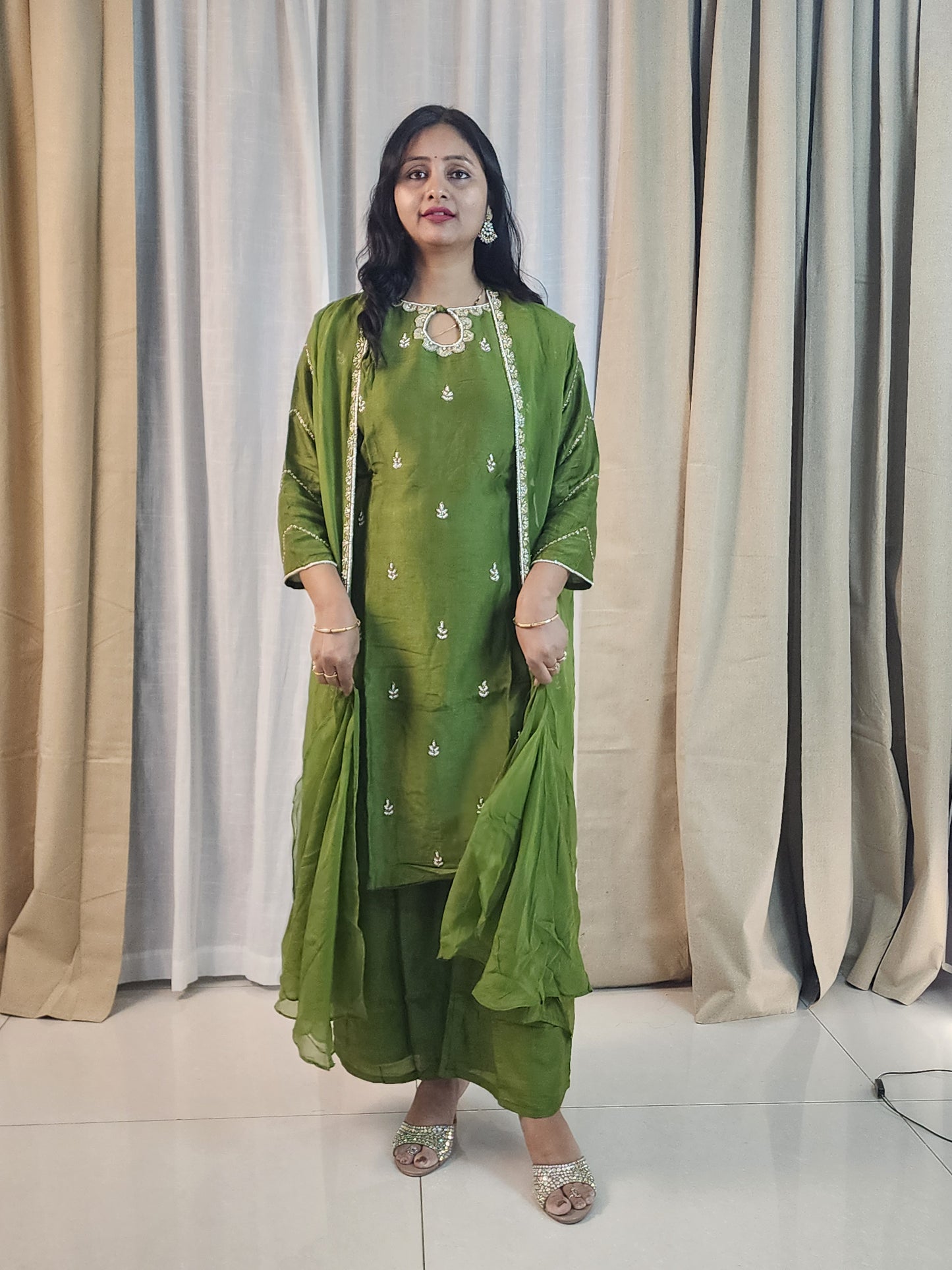 Mehendi Green Designer Kurta Set with Silver Embroidery | Indo-Western Ethnic Suit for Women | Festive & Party Wear