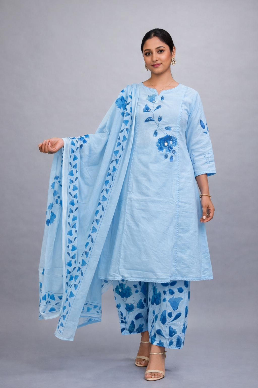 Sky Blue Hand Painted Cotton Suit | A-Line Kurta Set for Women | Artistic Hand Painted Ethnic Wear | Casual & Festive Collection