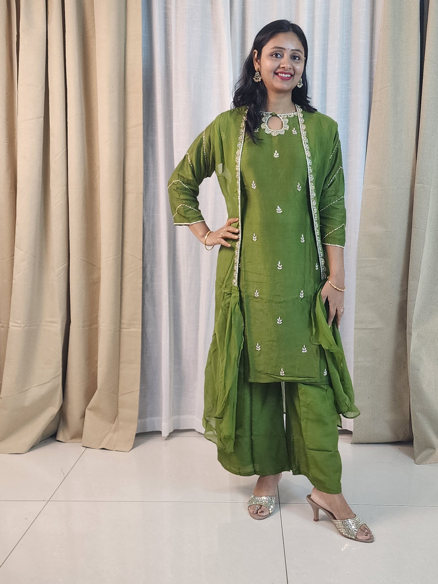 Mehendi Green Designer Kurta Set with Silver Embroidery | Indo-Western Ethnic Suit for Women | Festive & Party Wear