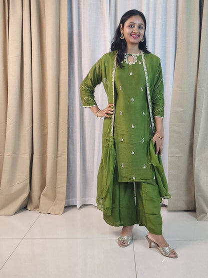 Mehendi Green Designer Kurta Set with Silver Embroidery | Indo-Western Ethnic Suit for Women | Festive & Party Wear