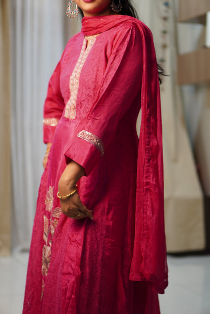 Fuchsia Pink Designer Kurta Set with Floral Embroidery | Straight Kurta with Pants & Dupatta | Women's Ethnic Wear
