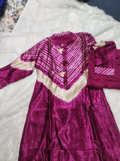 Pure Gajji Silk Leheriya Coord Set | Deep Magenta Kurta & Palazzo | 2-Piece Ethnic Set