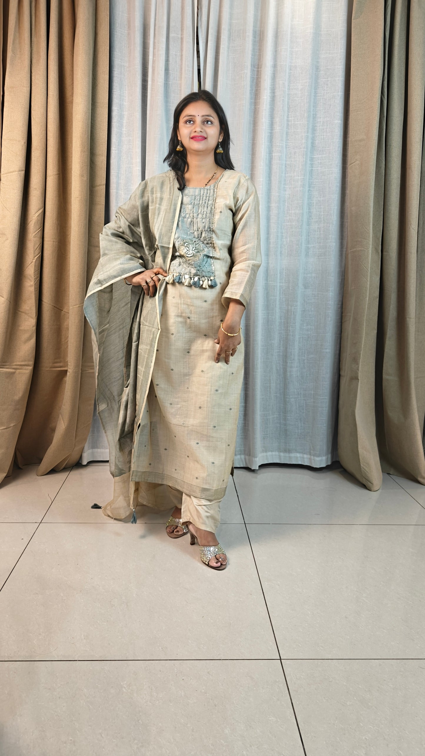 Pure Jamdani Work Designer Suit Set | Handwoven 3-Piece Ethnic Kurta Set for Women | Sage Green Cotton Suit | Festive & Casual Wear