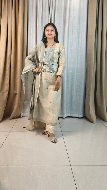 Pure Jamdani Work Designer Suit Set | Handwoven 3-Piece Ethnic Kurta Set for Women | Sage Green Cotton Suit | Festive & Casual Wear