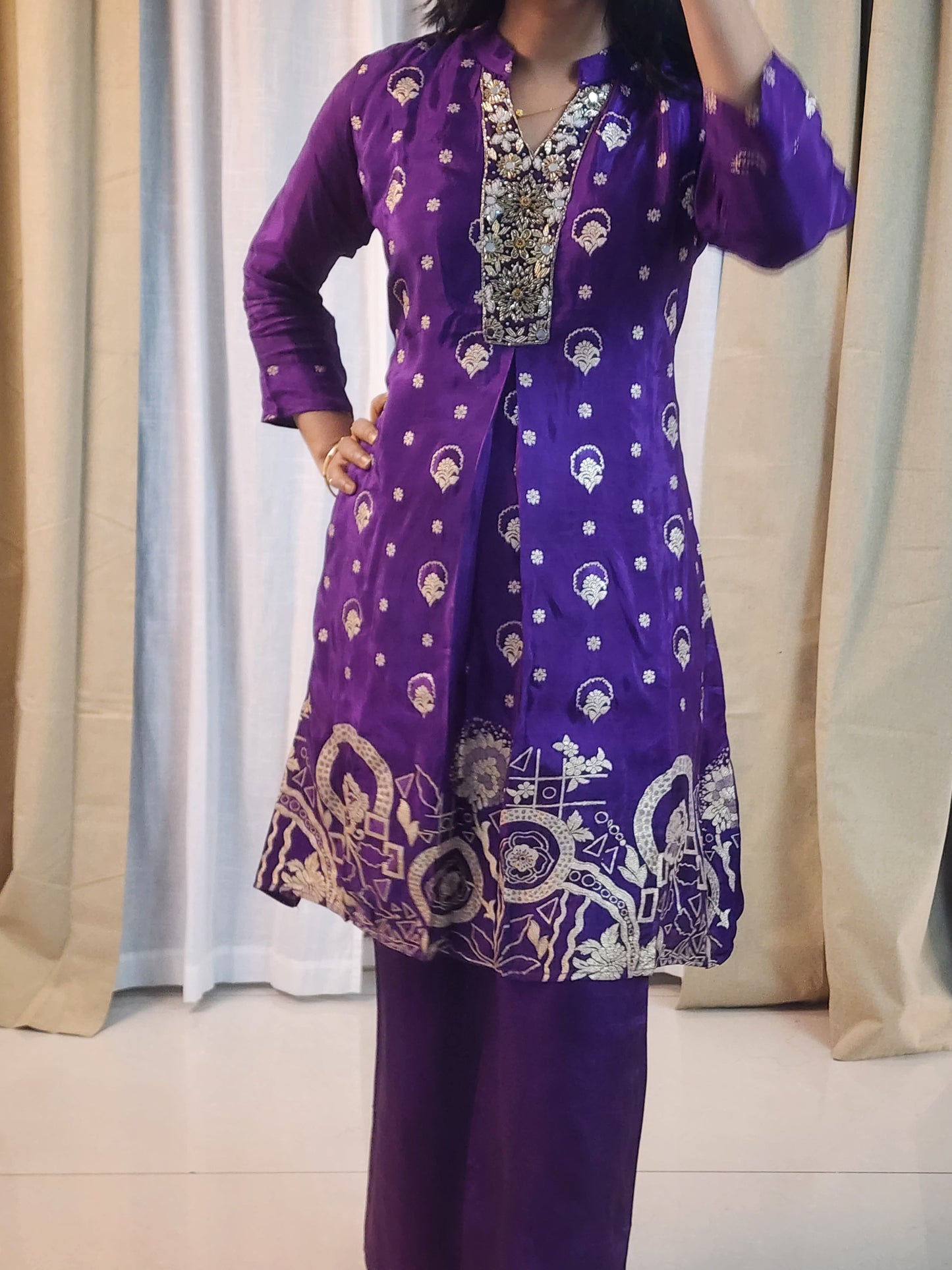 Royal Purple Shimmer Kurta Set with Golden Embroidery | 3-Piece Ethnic Suit for Women | Wedding & Party Wear
